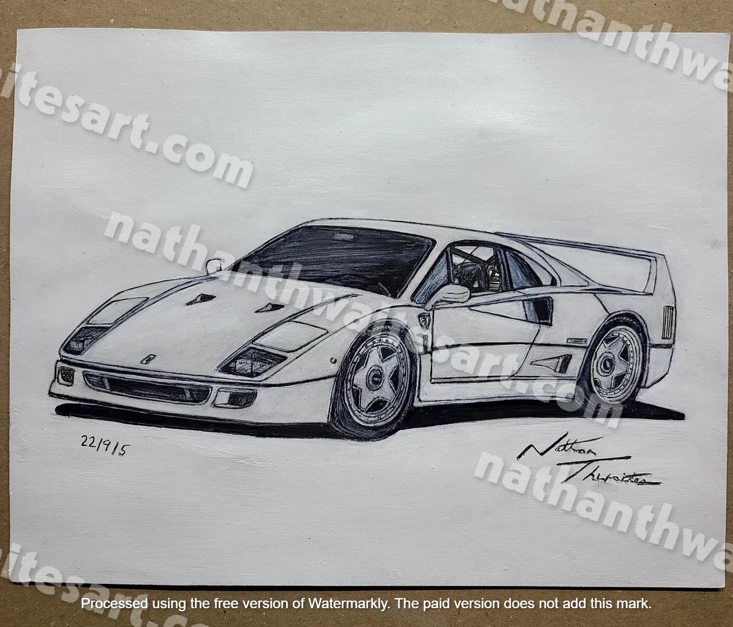 1992 Ferrari F40 Original Pen Drawing 8.5X11 Inches With